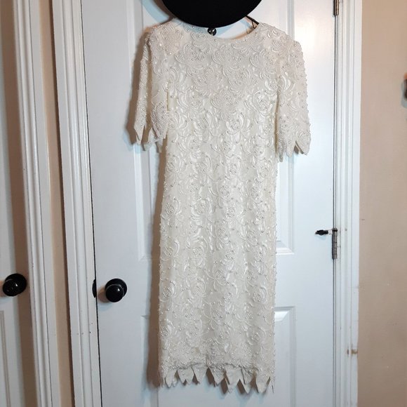 Vintage Carina White Beaded Dress- 80s Embellished retro Evening Party Dress EUC - Picture 1 of 16
